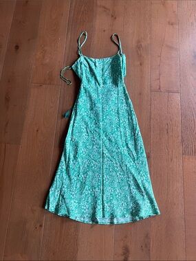 Green Floral Midi Slip Dress with Spaghetti Straps